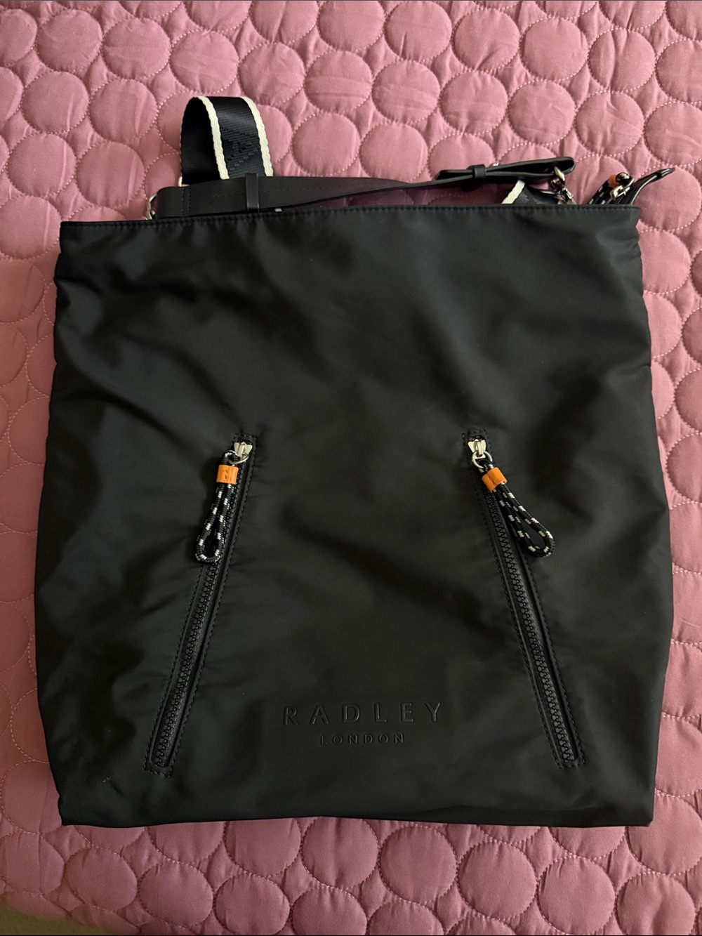RADLEY LONDON Black Nylon Backpack with Orange Pull Accents